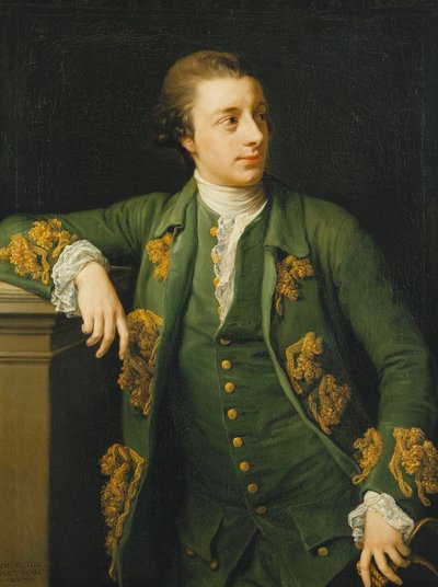 Retrato de Thomas Fortescue, M.P., de pie, tres cuartos de longitud, con un abrigo y chaleco verde, apoyando su brazo derecho en un pedestal y sosteniendo un sombrero tricorne en su mano izquierda, 1767 de Pompeo Girolamo Batoni
