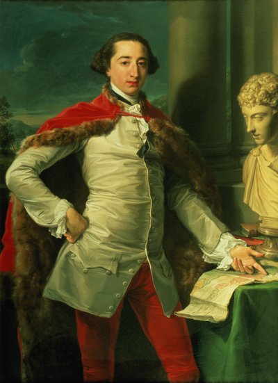 Retrato de un caballero, de pie tres cuartos de longitud, con un chaleco blanco, una capa roja forrada de piel y calzones rojos, señalando un mapa en una mesa, con un busto de Antonino a su lado de Pompeo Girolamo Batoni