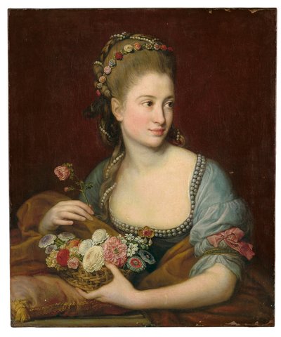 Retrato de una dama como Flora, medio cuerpo, sosteniendo una cesta de flores de Pompeo Girolamo Batoni