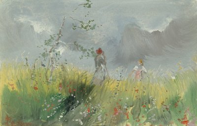 Campesinas en un campo de amapolas (acuarela y bodycolor sobre papel) de Pompeo Mariani