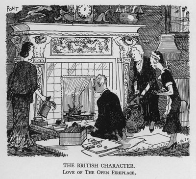 El carácter británico; amor por la chimenea abierta (litografía) de Pont