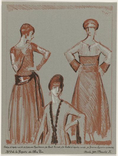 Gazette du Bon Ton, 1921 - No. 3, Pl. X: Vestido de tarde y traje sastre, de Paul Poiret, y vestido de tarde, de Jeanne Lanvin (título sobre el objeto) de Porter Woodruff