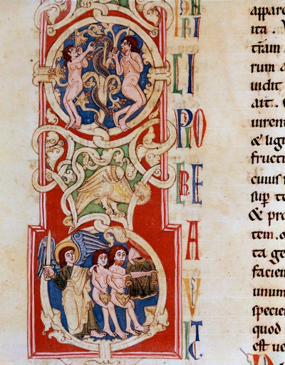 Adán y Eva cerca del Árbol del Conocimiento, abajo son expulsados del Paraíso. Miniatura tomada del “Antiguo Testamento” del Monasterio de Santa Cruz en Coimbra, Portugal. Siglo XII Oporto, Biblioteca Municipal de Portuguese School