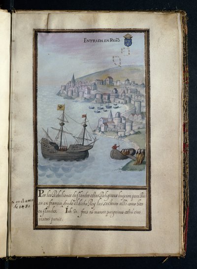 Llegada a Rouen, de una historia de las peregrinaciones de las monjas de Syon, compilada en Lisboa a principios del siglo XVII de Portuguese School
