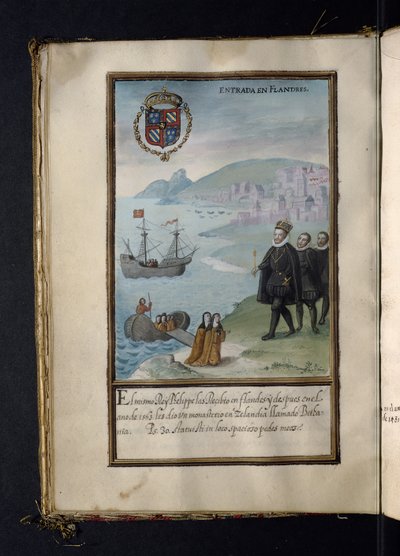 Llegada a Flandes, de una historia de las peregrinaciones de las monjas de Syon, compilada en Lisboa a principios del siglo XVII de Portuguese School