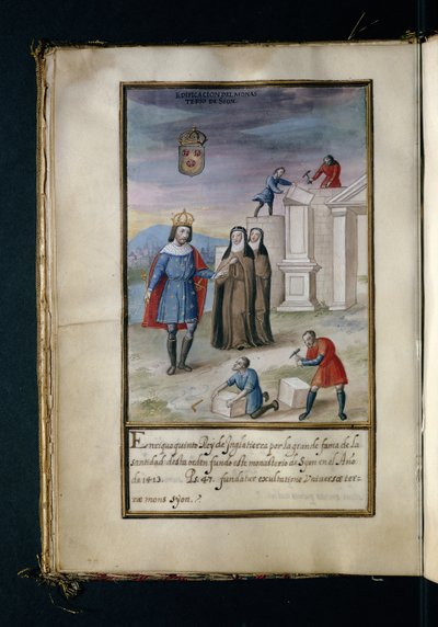 Construcción del convento en Syon, de una historia de las peregrinaciones de las monjas de Syon, compilada en Lisboa a principios del siglo XVII de Portuguese School