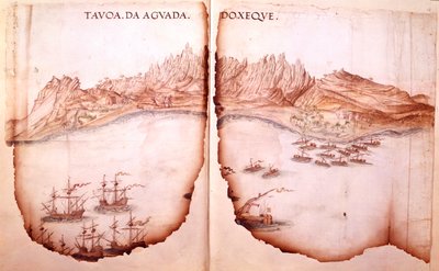 Cotton Tiberius D. IX, ff.11v-12 Vista de Aguada, ilustración de 
