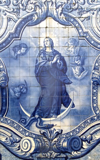 (detalle) Panel decorativo que muestra a la Virgen María aplastando a la serpiente, Lamego, Portugal. 1738 de Portuguese School