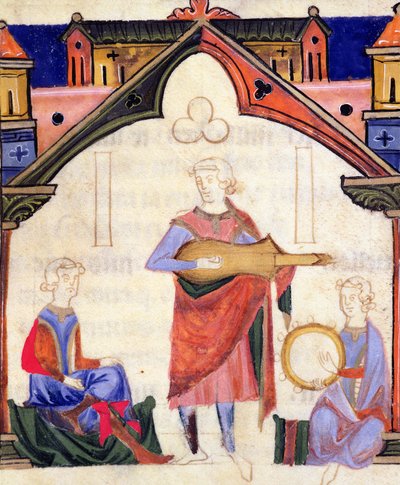 Fol.12v Músicos tocando la guitarra y el tamboril, del Chansonnier des Nobles de Portuguese School