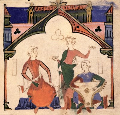 Músicos tocando castañuelas y un salterio, del Chansonnier des Nobles de Portuguese School
