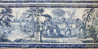Degustación de frutas cerca de un lago en Asia - Azulejos, loza pintada de Portuguese School