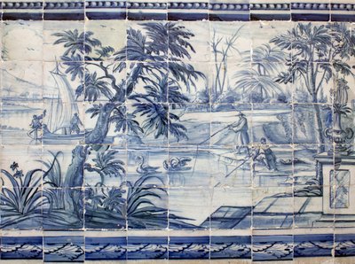 Pescadores de lago en Asia - Azulejos, loza pintada de Portuguese School