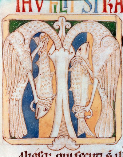 Cabecera decorada con garzas y peces. Miniatura del manuscrito “Testamentum Vetus” de Sancta Cruz de Coimbra. Siglo XII. Oporto, biblioteca municipal de Portuguese School