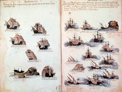 Página de manuscrito “Memoriales de las armadas de Portugal bajo el rey Manuel I (1469-1521)” representando las flotas portuguesas. 1523 de Portuguese School