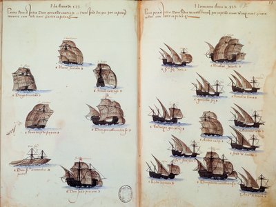 Página de manuscrito Memoriales de las armadas de Portugal bajo el rey Manuel I representando las flotas portuguesas de Portuguese School