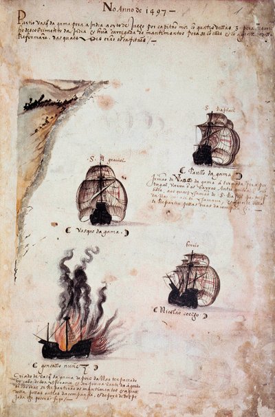 Página de manuscrito "Memoriales de las armadas de Portugal bajo el rey Manuel I (1469-1521)" representando las flotas portuguesas del año 1497. 1523 B.N. París de Portuguese School