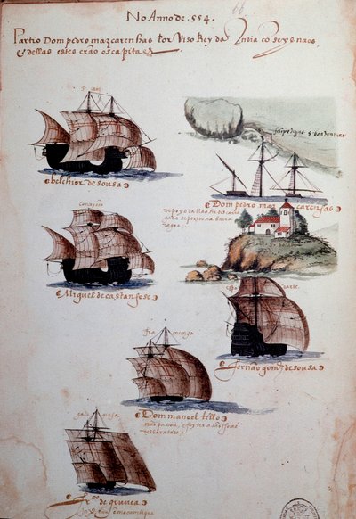 Página de manuscrito "Memorias de las armadas de Portugal bajo el rey Manuel I (1469-1521)" representando las flotas portuguesas del año 1497. 1500 Lisboa, Museo Nacional de Arte Antiguo de Portuguese School