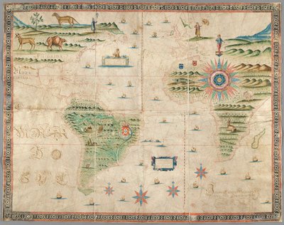 Mapa de Europa Occidental, África y América, con dibujos de montañas, animales, etc. Joseph da Costa e Miranda de Portuguese School