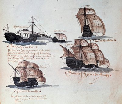 Memoriales de las Armadas de Portugal bajo el rey Manuel I (1469-1521): representación de las carabelas de la flota portuguesa de Portuguese School