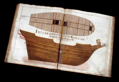 Arquitectura naval: página del tratado arquitectónico (Livro de Tracas de Carpintaria) de Manuel Fernandez: corte de un barco de Portuguese School