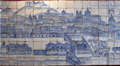 Vista panorámica de Lisboa, antes del terremoto de 1755 - Azulejos principios del siglo XVIII, panel de advertencia del antiguo palacio de los Condes de Tentúgal, Lisboa de Portuguese School
