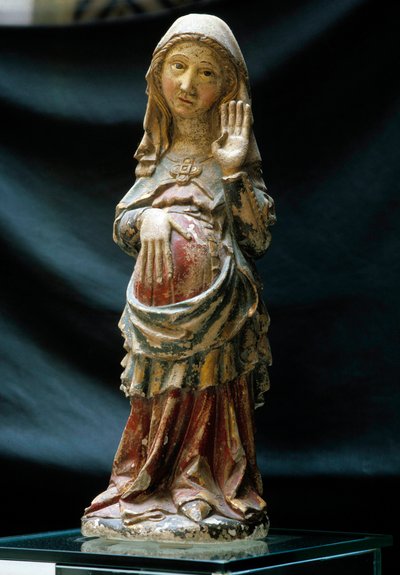 Arte portugués: representación de la Virgen embarazada con una mano en el vientre de Portuguese School