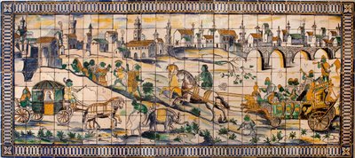 Singerie, el matrimonio de las gallinas - Panel de azulejos, circa 1665, de la antigua granja de Cadriceira, en Turcifal, Torres Vedras (Portugal) - Museo Nacional de Azulejos, Lisboa (Portugal) de Portuguese School