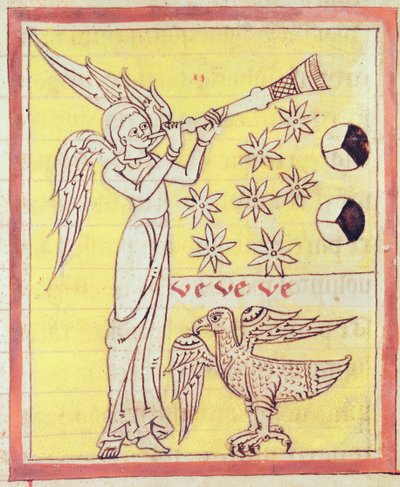 El ángel tocando la trompeta, las siete estrellas y el águila de San Juan Evangelista, del Apocalipsis de San Juan de Lorvao de Portuguese School