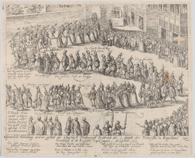 Procesión de matrimonio para la boda de Elizabeth Stuart, hija de James I, y..., 1613 o después de Possibly by Abraham Hogenberg.