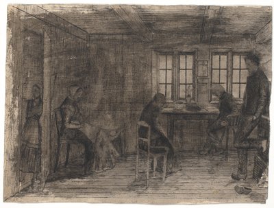 Interior de una casa de campesinos con cinco personas de Poul S. Christiansen