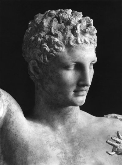 Detalle de la estatua de Hermes y el Infante Dionisio, c.330 a.C., cabeza de Hermes de Praxiteles