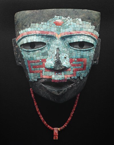 Máscara funeraria cubierta por mosaico de turquesa y concha roja de Pre Columbian Pre Columbian