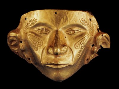 Máscara precolombina del Parque Arqueológico de Tierradentro, Alto de San Andrés en Colombia (oro) de Pre Columbian Pre Columbian