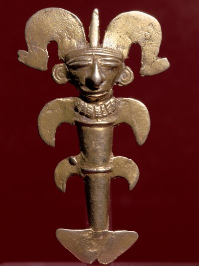 Arte precolombino, civilización quimbaya (Colombia): colgante antropomorfo en oro. 400-1400 d.C. Bogotá, Museo del Oro, Colombia de Pre Columbian Pre Columbian