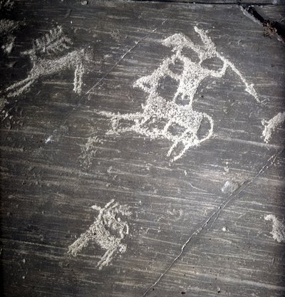 Civilización de los Camunni, Prehistoria, arte rupestre: roca funeraria, representando cazadores y ciervos. Roca de Naquane, en Valcamonica (Val Camonica) de Prehistoric Prehistoric