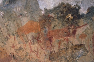 Figuras humanas y animales, pinturas rupestres de bosquimanos o san, Parque Maloti-Drakensberg (Lista del Patrimonio Mundial de la Unesco, 2000), Lesoto de Prehistoric Prehistoric