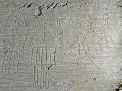 Prehistoria, civilización Camunni, arte rupestre: roca funeraria de escenas de la vida cotidiana en un pueblo, cabaña sobre pilotes, casas lacustres, perros, aves, ciervos y hombre a caballo. Período entre el Neolítico y la Edad del Bronce. Roca. 35 Capo d de Prehistoric Prehistoric