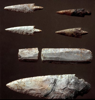 Prehistoria: puntas de flecha y sílex de la necrópolis de Cantalupo-Mandela (Cantalupo Mandela), Lacio. Edad del Cobre. Eneolítico. 2200 a.C. Roma, Museo Nacional Prehistórico Etnográfico Luigi Pigorini de Prehistoric Prehistoric