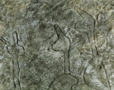 Prehistoria, arte rupestre: petroglifo (graffiti en piedra) de una escena de caza. Neolítico, Edad de Piedra. Edad de Bronce. Bakú, Museo Estatal de Historia de la Religión de Azerbaiyán de Prehistoric Prehistoric