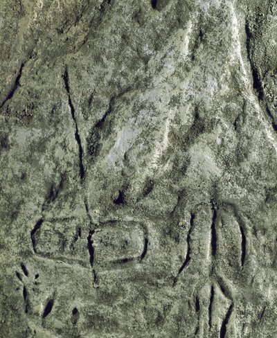 Prehistoria, arte rupestre: petroglifo (graffiti en piedra) de una representación de un barco y una figura humana. Neolítico, Edad de Piedra. (Azerbaiyán) Edad de Bronce. Bakú, Museo Estatal de Historia de la Religión de Azerbaiyán de Prehistoric Prehistoric