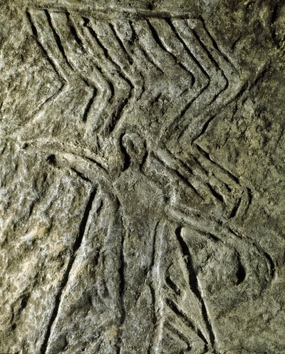Prehistoria, arte rupestre: petroglifo (graffiti en piedra) de una representación de una figura humana. Neolítico, Edad de Piedra. (Azerbaiyán) Edad de Bronce. Bakú, Museo Estatal de Historia de la Religión de Azerbaiyán de Prehistoric Prehistoric