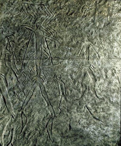 Prehistoria, arte rupestre: petroglifo (graffiti en piedra) de figuras humanas. Neolítico, Edad de Piedra. (Azerbaiyán) Edad de Bronce. Bakú, Museo Estatal de Historia de la Religión de Azerbaiyán de Prehistoric Prehistoric