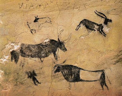 Arte rupestre: ciervos y vacas. De España, El Cogul, Cueva dels Moros. Prehistoria, Mesolítico de Prehistoric Prehistoric