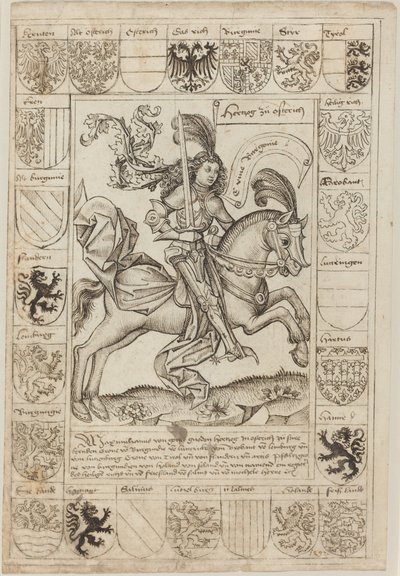 Maximiliano, Duque de Austria, a caballo de Primary Master of the Strassburg Chronicle