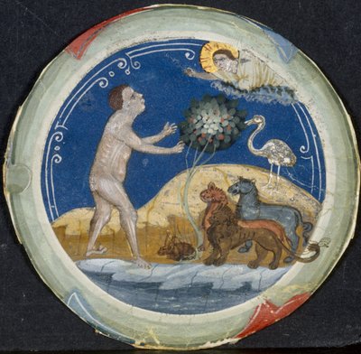 Medallón del borde de una Biblia latina: El sexto día de la creación, principios de 1300 de Primo Miniatore di San Domenico