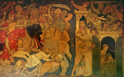 Batalla entre Judas Macabeo y Timoteo, y la Caída de Masfa, reconstrucción de una pared un cuadro originalmente en la Cámara Pintada del Palacio de Westminster de Professor Ernest Tristram
