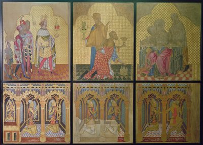 Reconstrucción de una pintura mural originalmente en la Capilla de San Esteban que representa en la fila inferior I-D: Thomas Woodstock (1355-97), Edmund Langley, Juan de Gante (1340-99), Lionel (1338-68), Eduardo, El Príncipe Negro (1330-76) y San Jorge. de Professor Ernest Tristram