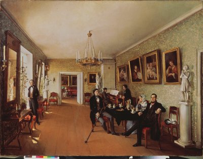 Una escena familiar (Actividades diarias a la hora del té, algunos tocan el piano, otros escuchan, una mujer en el fondo está cosiendo) - Una escena familiar - Pintura de Prokofi Yegorovich Pushkaryev (Pushkaryev) (?-después de 1856), h de Prokophy Egorovich Pushkaryev