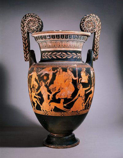 Vaso de Pronomos. Un grupo de actores preparándose para una obra. Crátera de volutas, figuras rojas y blancas pintadas por Pronomos. Cerámica. Dim: 74 cm. Inv. 81673. Museo Nacional Arqueológico, Nápoles de Promonos Painter
