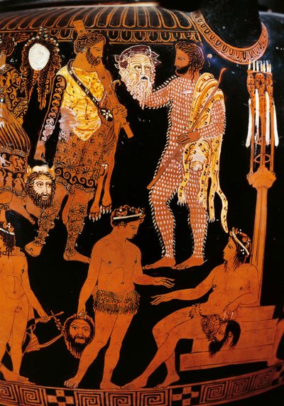 Vaso de Pronomos, crátera con figuras rojas (detalle) de Promonos Painter